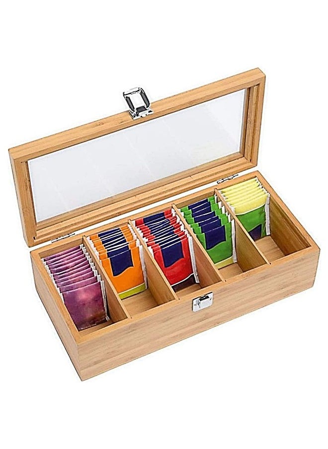 FLYROAD Tea Box Tea Bag Organizer, 5 Compartments Wood Tea Storage Box Holder with Clear Lid, Tea Chest Container Rustic Tea Organizer for Tea Bags, Coffee Pods, Sugar  - Image 1