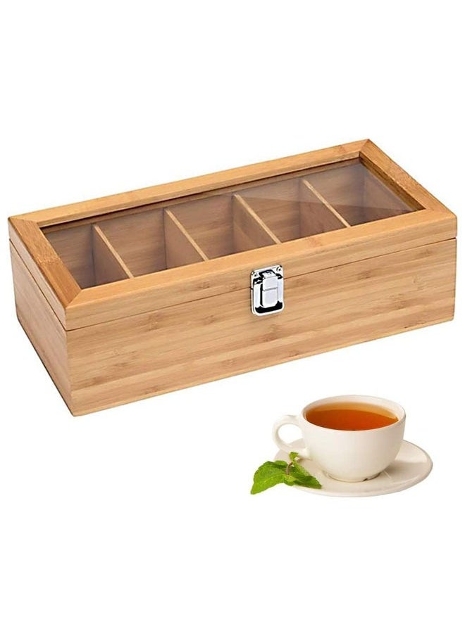 FLYROAD Tea Box Tea Bag Organizer, 5 Compartments Wood Tea Storage Box Holder with Clear Lid, Tea Chest Container Rustic Tea Organizer for Tea Bags, Coffee Pods, Sugar  - Image 3