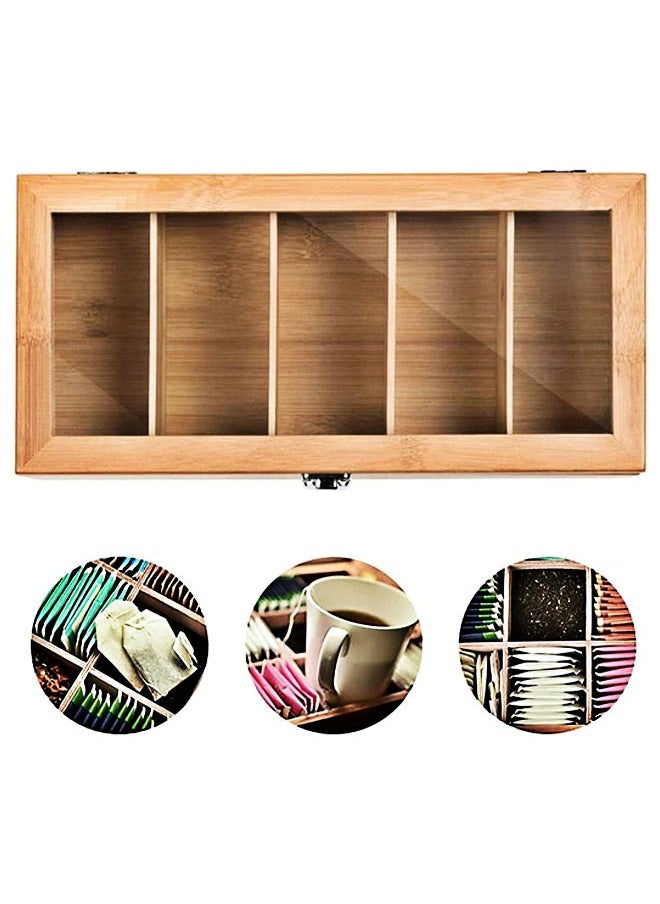 FLYROAD Tea Box Tea Bag Organizer, 5 Compartments Wood Tea Storage Box Holder with Clear Lid, Tea Chest Container Rustic Tea Organizer for Tea Bags, Coffee Pods, Sugar  - Image 5