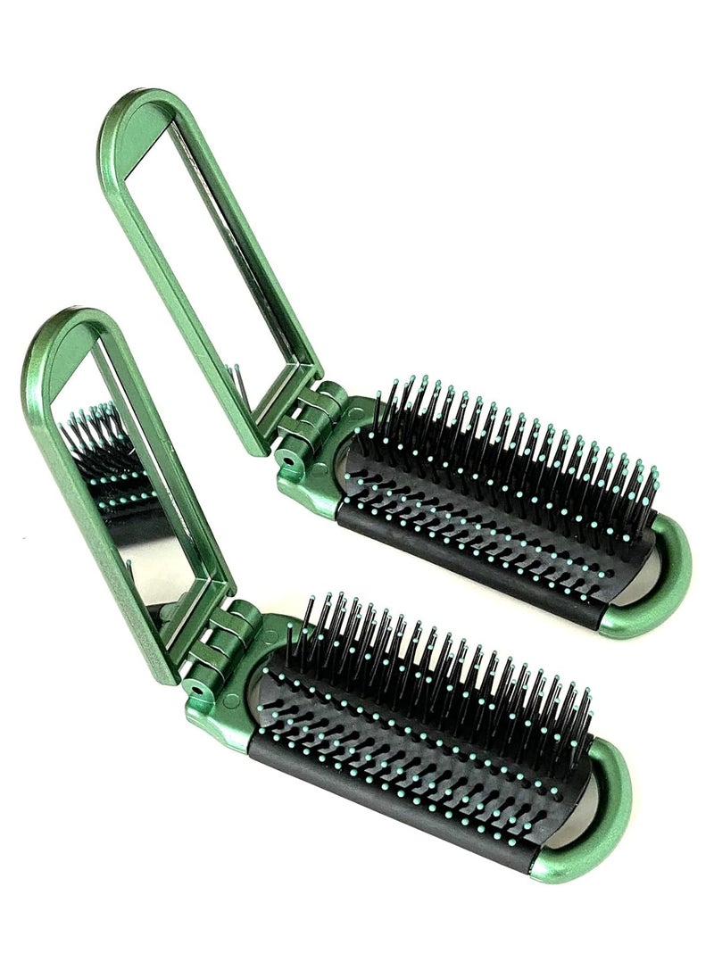 ALAZCO - 2 Green ALAZCO Folding Hair Brush With Mirror Compact Pocket Size Travel Car Gym Bag Purse Locker Swimming Camping Sleepover Gift and more - Image 1