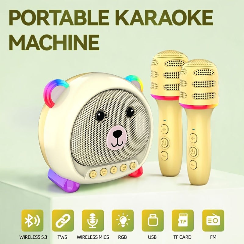 Light Yellow Karaoke Machine With 2 Wireless Microphones Portable Speaker System Supports Bluetooth Aux USB TF TWS Multi Color Changing Lights For Family Gatherings Women Girls Gift - Image 1