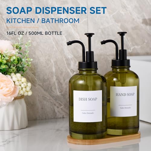Cabo Deseado Glass Soap Dispenser with Pump, Dish and Hand Soap Dispenser for Kitchen Bathroom Set, Clear Glass Dispenser Set of 2 Pack with 18 Stickers Funnel Bamboo Tray 500ml 18oz Green - Image 2