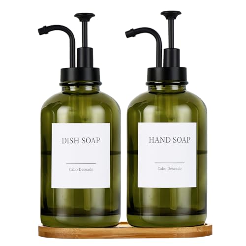 Cabo Deseado Glass Soap Dispenser with Pump, Dish and Hand Soap Dispenser for Kitchen Bathroom Set, Clear Glass Dispenser Set of 2 Pack with 18 Stickers Funnel Bamboo Tray 500ml 18oz Green - Image 1