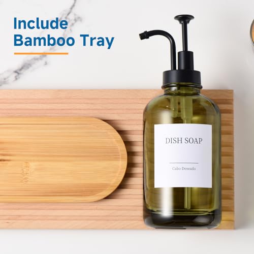 Cabo Deseado Glass Soap Dispenser with Pump, Dish and Hand Soap Dispenser for Kitchen Bathroom Set, Clear Glass Dispenser Set of 2 Pack with 18 Stickers Funnel Bamboo Tray 500ml 18oz Green - Image 4