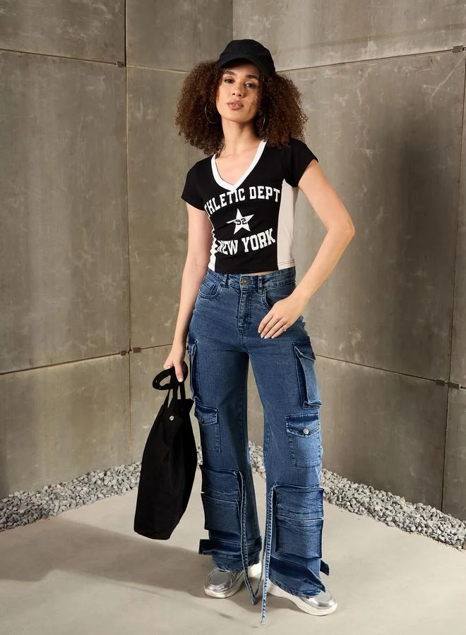 SASSAFRAS Sassafras Black New York Print V Neck Fitted T-Shirt