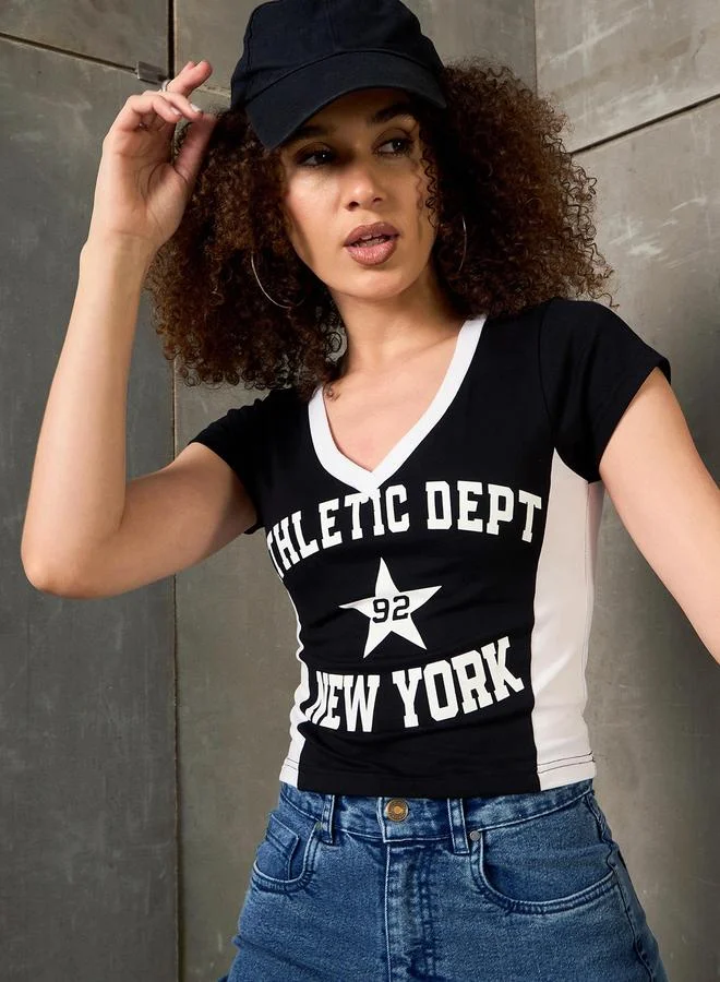 SASSAFRAS Black New York Print V Neck Fitted T-Shirt