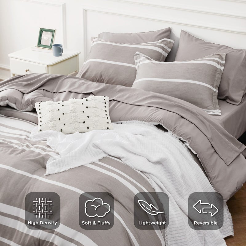 Bedsure King Size Comforter Set 7 Pieces Bed in a Bag, Cationic Dyeing, Reversible, Bedding Set for All Seasons with  1 Comforter (265 cm x 230 cm), 1 Fitted Sheet (198 cm x 203 cm) with 35 cm Deep Pocket,  1 Flat Sheet (275 cm x 260 cm) , 2 Pillowcases (50 cm x 100 cm) & 2 Pillow Shams (50 cm x 90 cm), Taupe Striped - Image 3