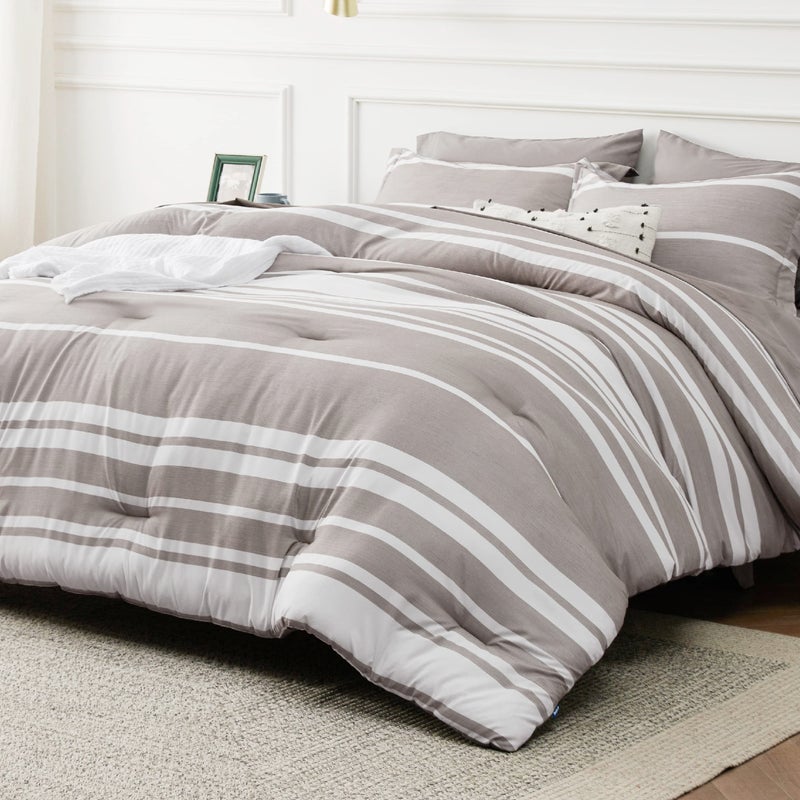 Bedsure King Size Comforter Set 7 Pieces Bed in a Bag, Cationic Dyeing, Reversible, Bedding Set for All Seasons with  1 Comforter (265 cm x 230 cm), 1 Fitted Sheet (198 cm x 203 cm) with 35 cm Deep Pocket,  1 Flat Sheet (275 cm x 260 cm) , 2 Pillowcases (50 cm x 100 cm) & 2 Pillow Shams (50 cm x 90 cm), Taupe Striped - Image 1
