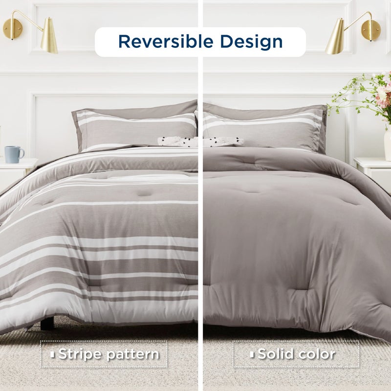 Bedsure King Size Comforter Set 7 Pieces Bed in a Bag, Cationic Dyeing, Reversible, Bedding Set for All Seasons with  1 Comforter (265 cm x 230 cm), 1 Fitted Sheet (198 cm x 203 cm) with 35 cm Deep Pocket,  1 Flat Sheet (275 cm x 260 cm) , 2 Pillowcases (50 cm x 100 cm) & 2 Pillow Shams (50 cm x 90 cm), Taupe Striped - Image 2