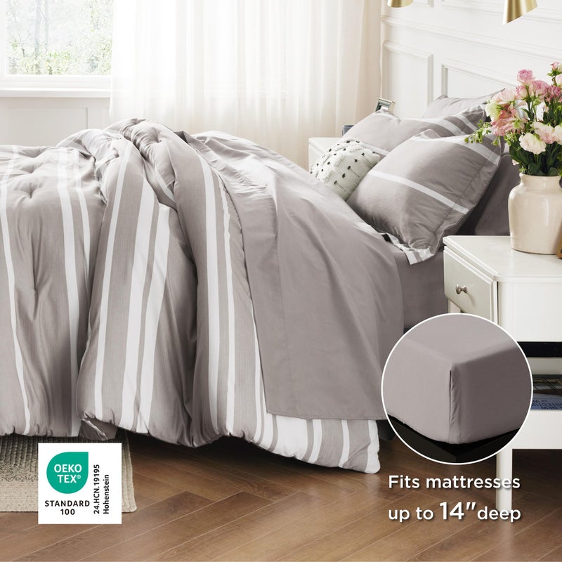 Bedsure King Size Comforter Set 7 Pieces Bed in a Bag, Cationic Dyeing, Reversible, Bedding Set for All Seasons with  1 Comforter (265 cm x 230 cm), 1 Fitted Sheet (198 cm x 203 cm) with 35 cm Deep Pocket,  1 Flat Sheet (275 cm x 260 cm) , 2 Pillowcases (50 cm x 100 cm) & 2 Pillow Shams (50 cm x 90 cm), Taupe Striped - Image 4
