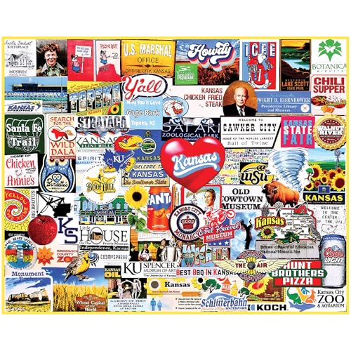 White Mountain 1000 Piece Jigsaw Puzzle Sunflower State Collage Puzzles with Large Pieces Gift for Adults and Family 24 x30 I Love Kansas - Image 1