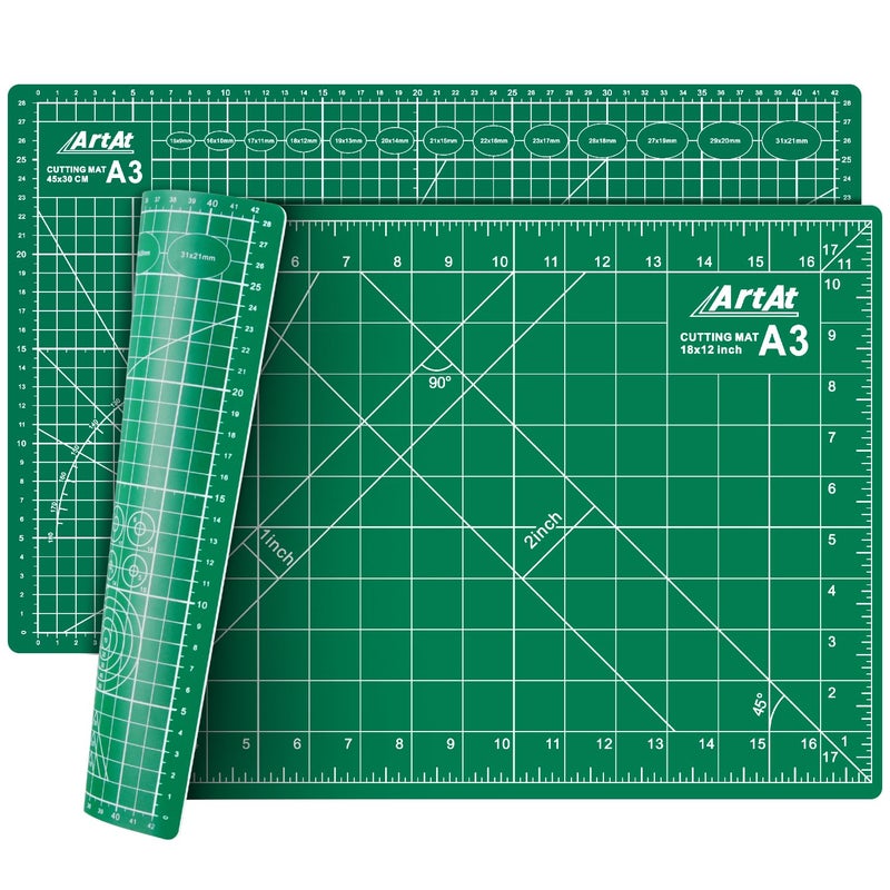 ArtAt Self Healing Cutting Mat 9x12 NonSlip PVC Double Sided 5Ply A4 Art Craft Rotating Mat Rotary Cutting Mat for Quilting Sewing Crafts Hobby Fabric Precision Scrapbooking Project Green
