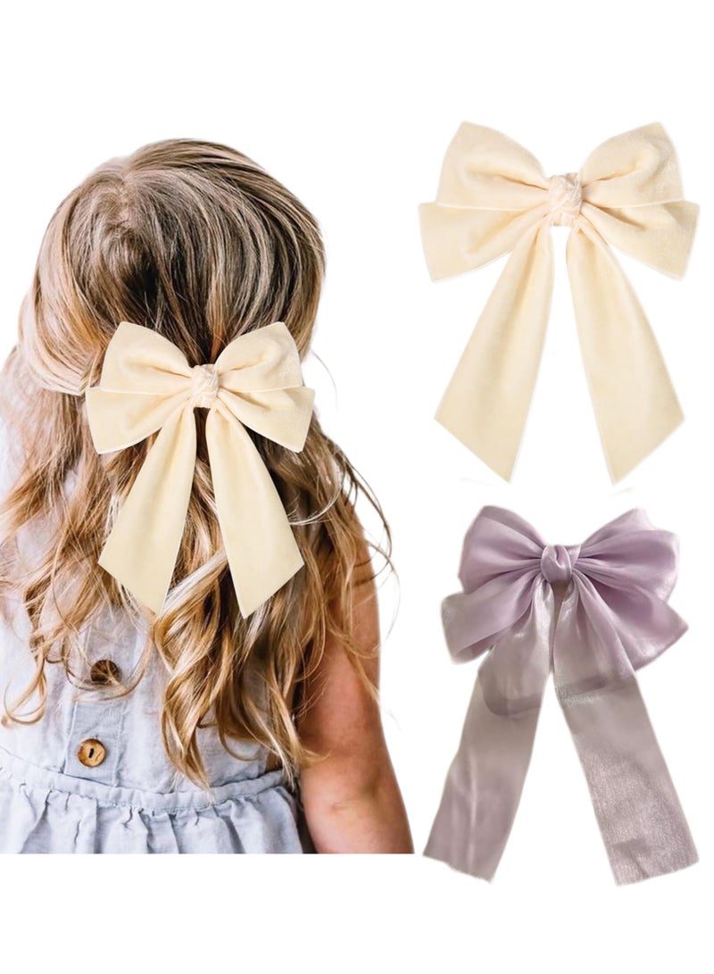 مجموعة مشابك شعر على شكل فيونكة مكونة من قطعتين، مشابك شعر مخملية للبنات، تصميم مشبك على شكل تمساح، مناسبة للأطفال الصغار والأطفال والمراهقين والنساء، مناسبة لفصل الخريف (أرجواني + بيج) - Image 1