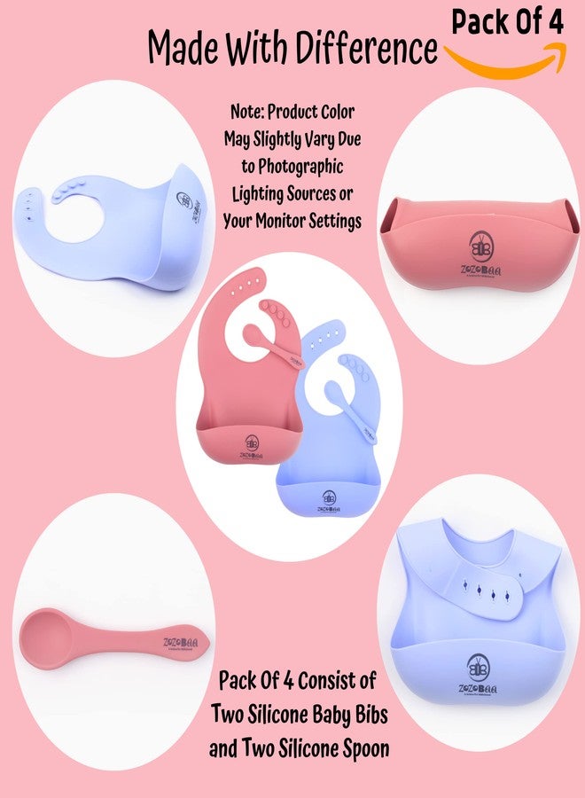 ZoZoBaa Silicone Baby Bib with Easy Grip Spoon For Feeding Toddlers|Waterproof & Reusable Bib with button for Infants |Soft, Light Weight, BPA Free, 2 Set, Purple & Dark Red - Image 4