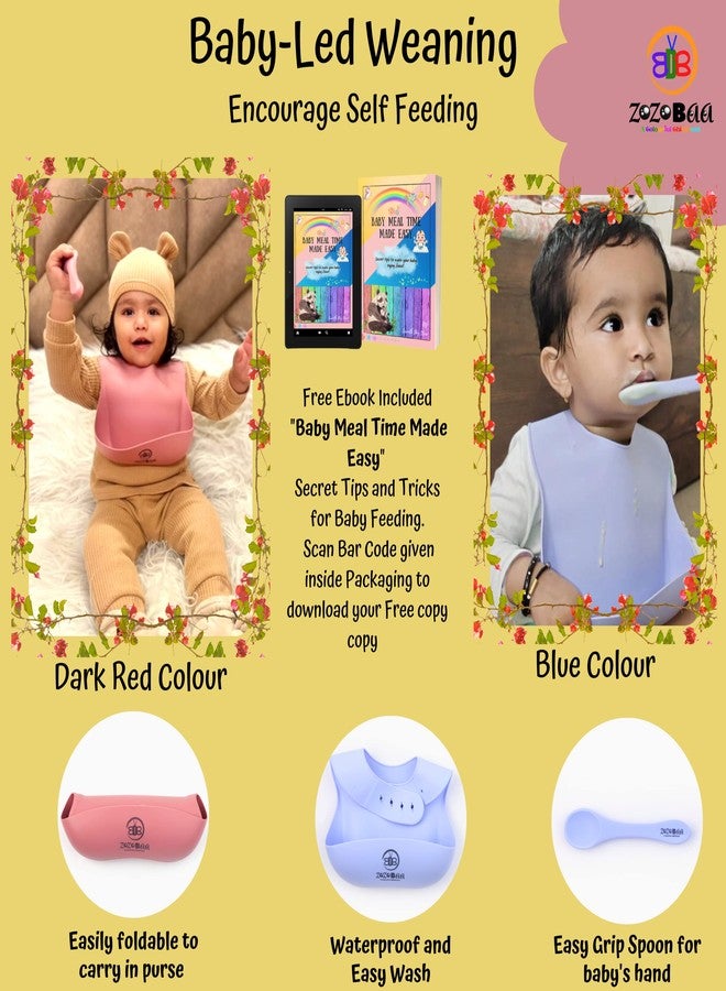 ZoZoBaa Silicone Baby Bib with Easy Grip Spoon For Feeding Toddlers|Waterproof & Reusable Bib with button for Infants |Soft, Light Weight, BPA Free, 2 Set, Purple & Dark Red - Image 5