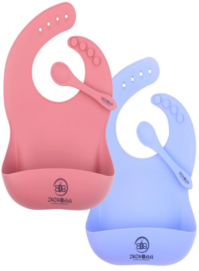 ZoZoBaa Silicone Baby Bib with Easy Grip Spoon For Feeding Toddlers|Waterproof & Reusable Bib with button for Infants |Soft, Light Weight, BPA Free, 2 Set, Purple & Dark Red - Image 1