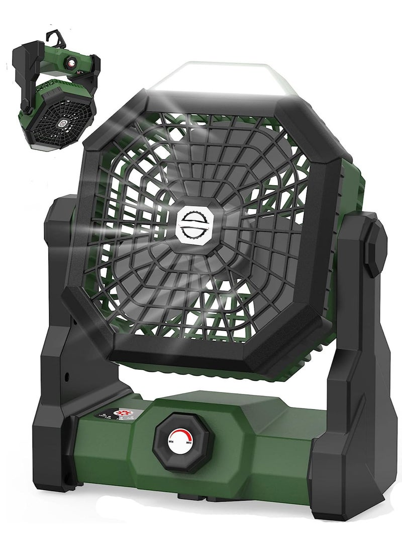 3 Speeds Camping Table Fan Rechargeable Tent Fan with Hanging Hook,with LED Light Operated for Picnic, Barbecue, Fishing, Travel Home and office (Green) - Image 1