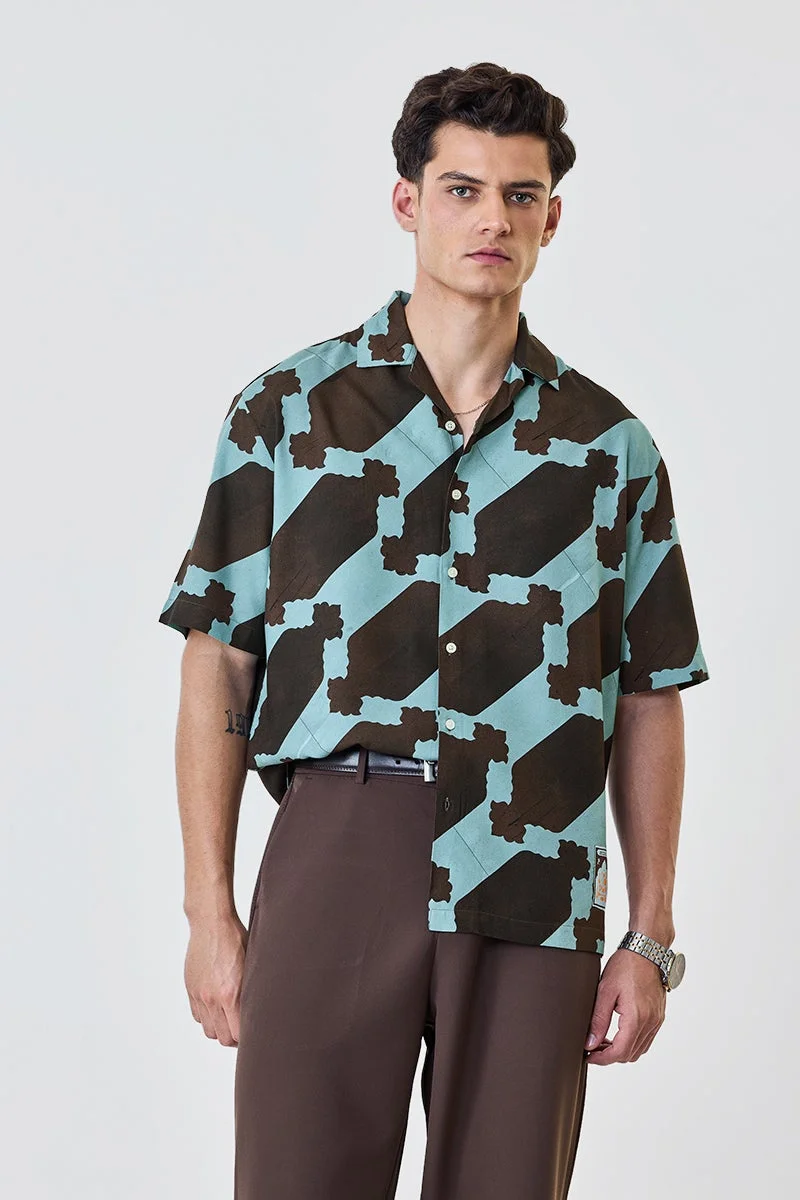سنيتش Teal Geometric Short Sleeve Relaxed Shirt