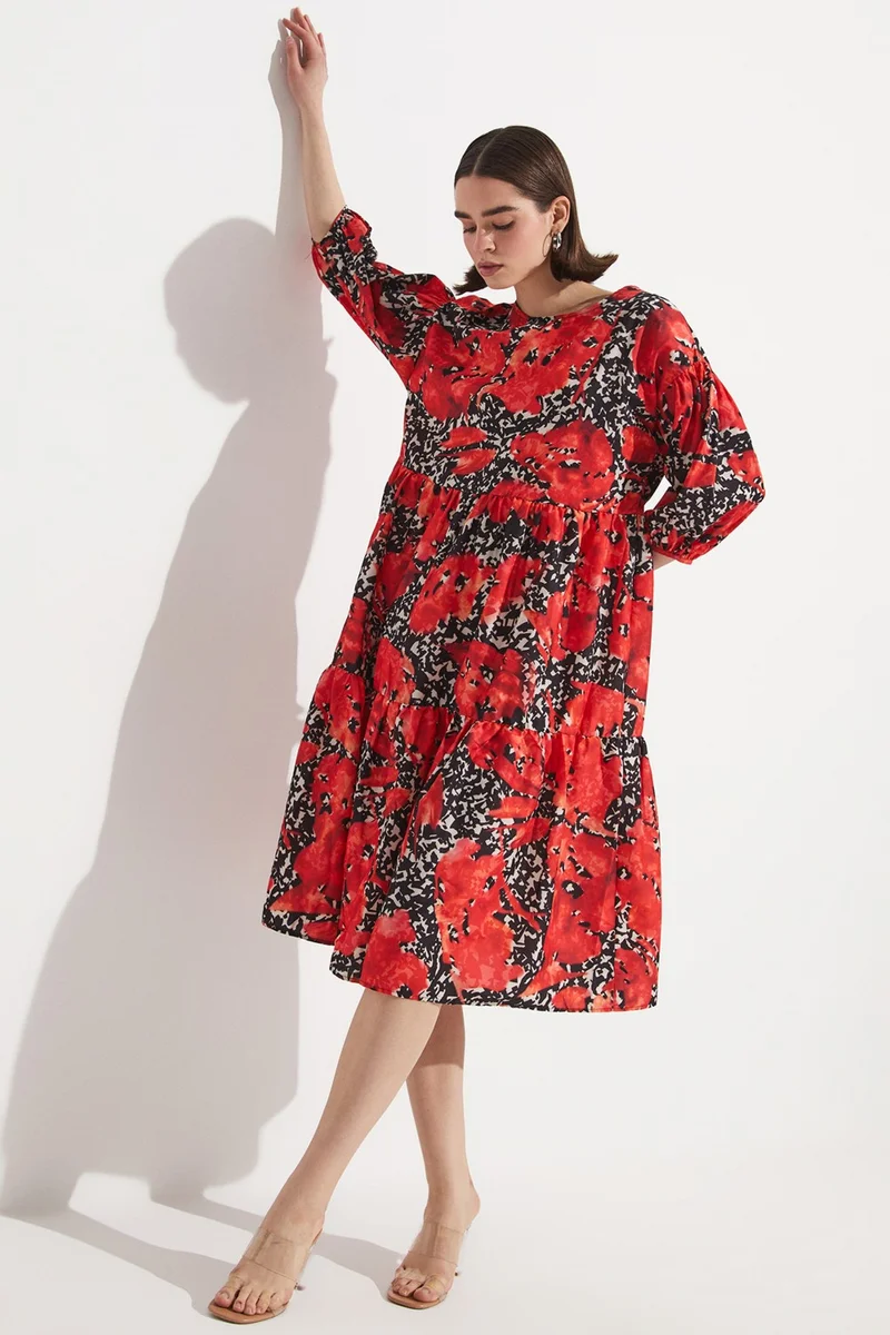 جون Women's Floral Patterned A-Line Balloon Sleeve Midi Dress