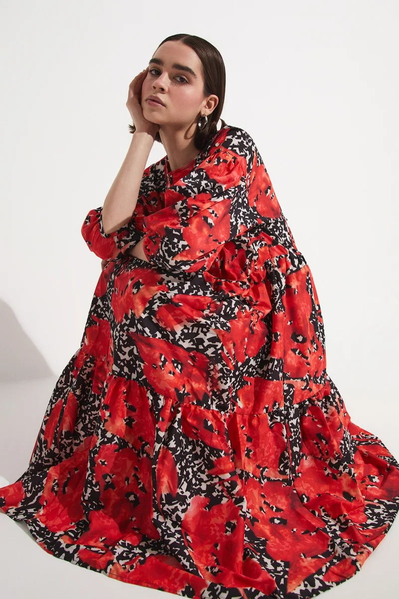 جون Women's Floral Patterned A-Line Balloon Sleeve Midi Dress