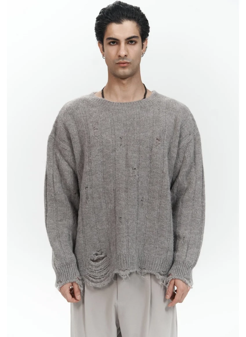 Mai Collection Vincent Torn Detail Gray Brown Men's Knitwear Sweater