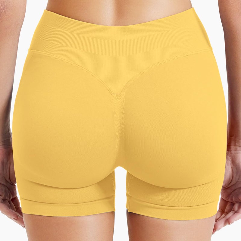BumpGlow Women Workout Impact Shorts 4.5 Scrunch Butt Lifting Tummy Control Gym Shorts Comfy Running Seamless Booty Biker Shorts Yellow M - Image 2