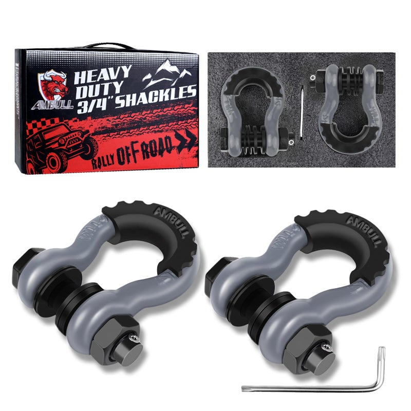 AMBULL Shackles 34 D Ring Shackle 2 Pack 450000lb Break Strength with 78 Pin Anti Theft Security Screws Isolator Washer Kits for Use with Tow Strap Winch Truck Vehicle Recovery Grey