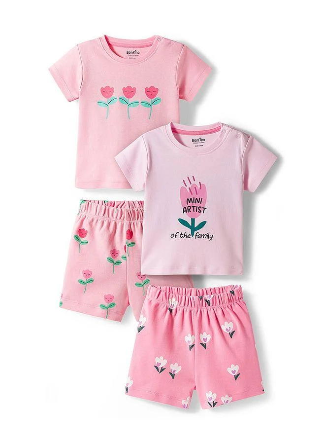 Bonfino Bonfino 100% Cotton Floral Printed T-Shirt & Shorts Set (Pack of 2) - Pink