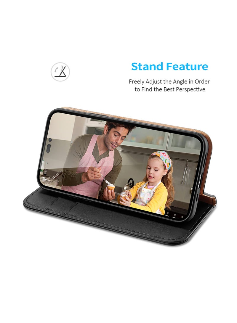 Wallet Case for iPhone 14 Pro Max, Genuine Leather Cell Phone Flip Magnetic Folio ,Case Cards Holder,RFID Blocking,Kickstand. Support Wireless Charging