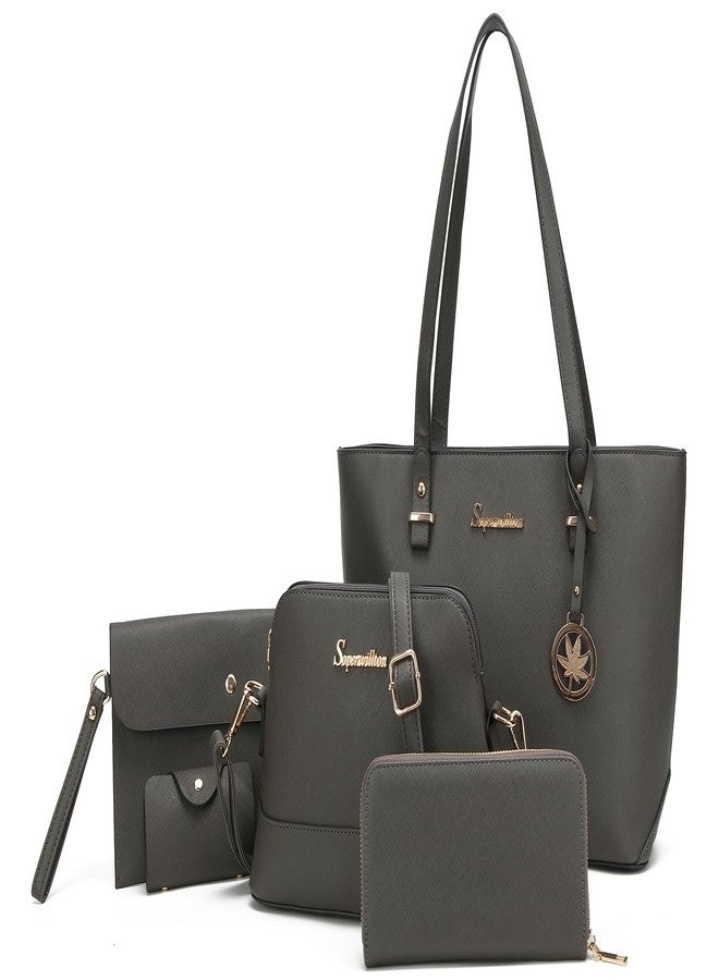 Soperwillton Handbags and Purses for Women Shoulder Tote Bags Top Handle Satchel Purse Set 5pcs, Newdarkgrey, Large - Image 1