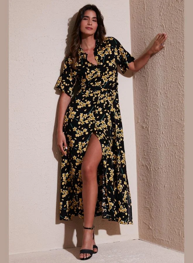 ليلا فستان ماكسي بياقة قميص مشقوق بنقشة ليلا للنساء