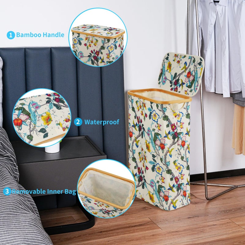 efluky Slim Laundry Basket with Lid, Narrow Laundry Hamper with Removable Bag, Skinny Dirty Clothes Basket with Bamboo Handles for Bathroom, Bedroom & Laundry Room, 75L Floral - Image 5