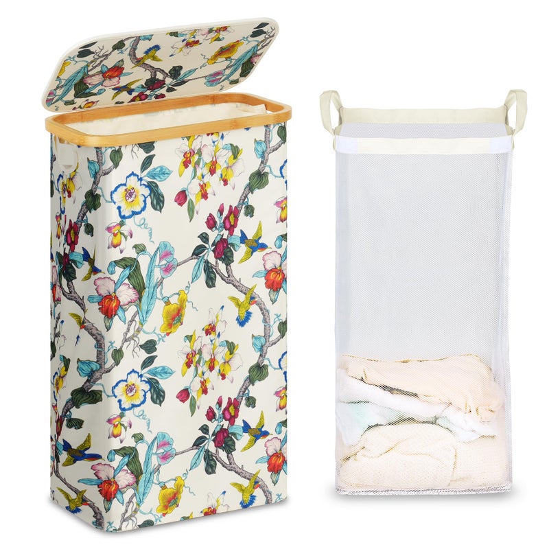 efluky Slim Laundry Basket with Lid, Narrow Laundry Hamper with Removable Bag, Skinny Dirty Clothes Basket with Bamboo Handles for Bathroom, Bedroom & Laundry Room, 75L Floral - Image 1