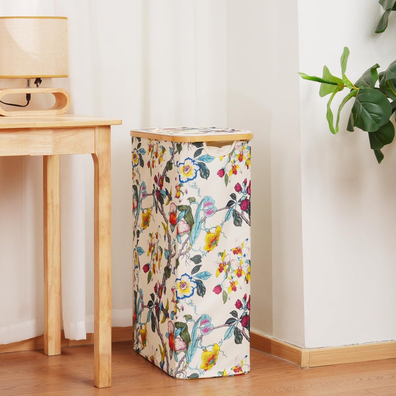 efluky Slim Laundry Basket with Lid, Narrow Laundry Hamper with Removable Bag, Skinny Dirty Clothes Basket with Bamboo Handles for Bathroom, Bedroom & Laundry Room, 75L Floral - Image 3