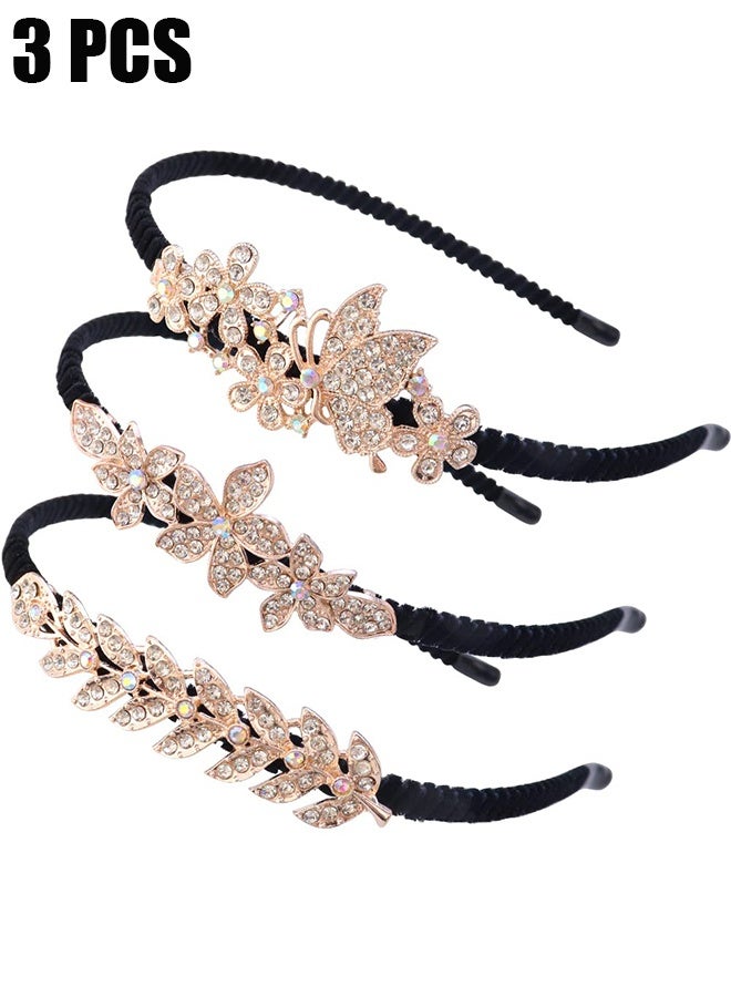اتش واي 3 قطع عصابات الشعر الكريستالية ، عصابات الشعر العصرية للفتيات مع أوراق الشجر ، الفراشة ، الزهور وتصاميم حجر الراين ، ملحق شعر العروس الزفاف الأنيق - Image 1
