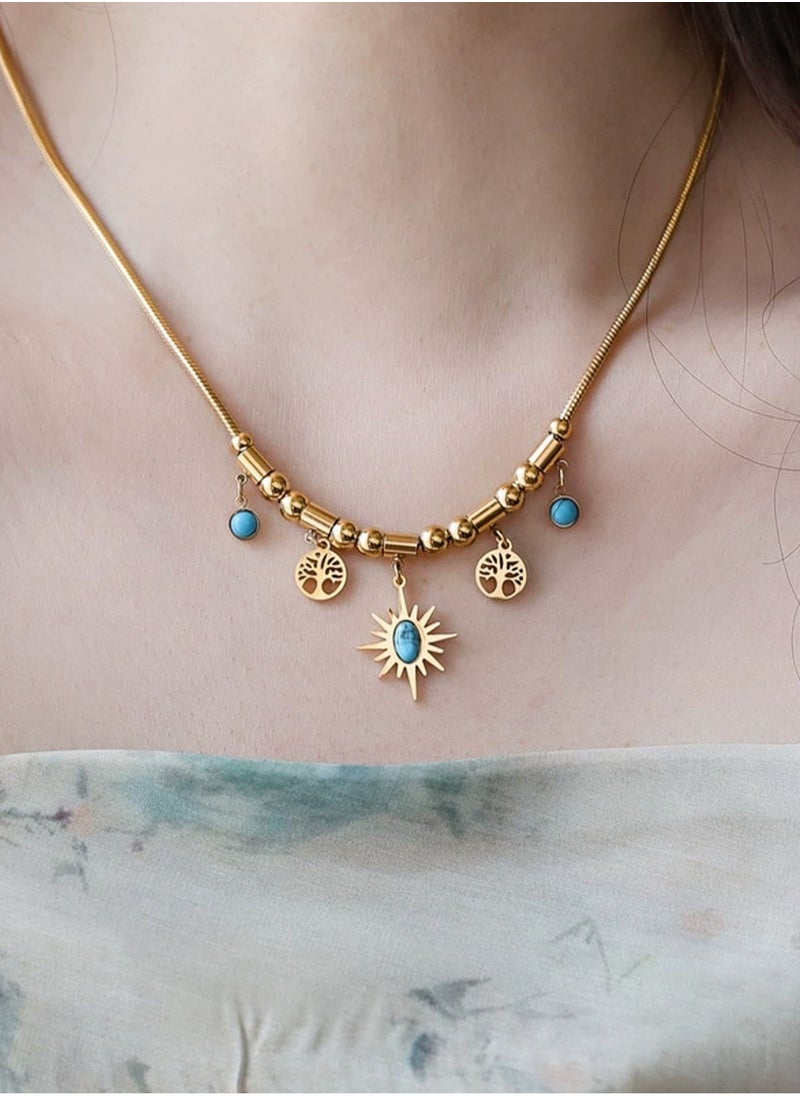 LOOPITYS Gold Plated Sunflower Turquoise Necklace, Women's Jewelry Accessories, Retro Fashion Luxury, Alloy, Artificial Turquoise  - Image 4