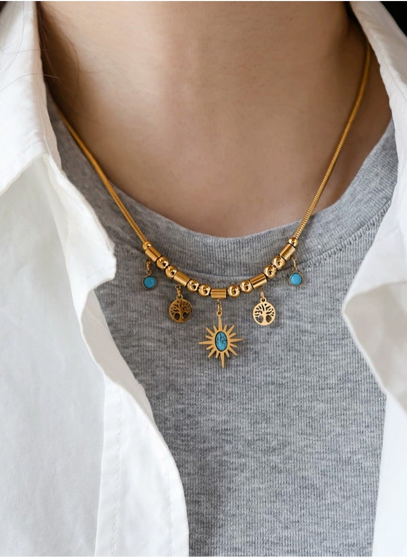 LOOPITYS Gold Plated Sunflower Turquoise Necklace, Women's Jewelry Accessories, Retro Fashion Luxury, Alloy, Artificial Turquoise  - Image 1