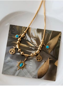 LOOPITYS Gold Plated Sunflower Turquoise Necklace, Women's Jewelry Accessories, Retro Fashion Luxury, Alloy, Artificial Turquoise  - Image 2