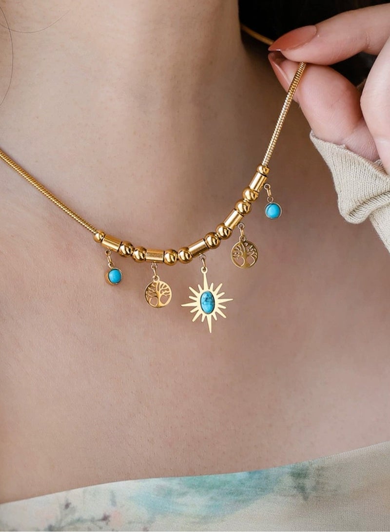 لوبيتيز مطلية بالذهب عباد الشمس الفيروز قلادة ، مجوهرات السيدات والاكسسوارات ، الرجعية أزياء فاخرة ، سبائك ، الفيروز الاصطناعي - Image 5