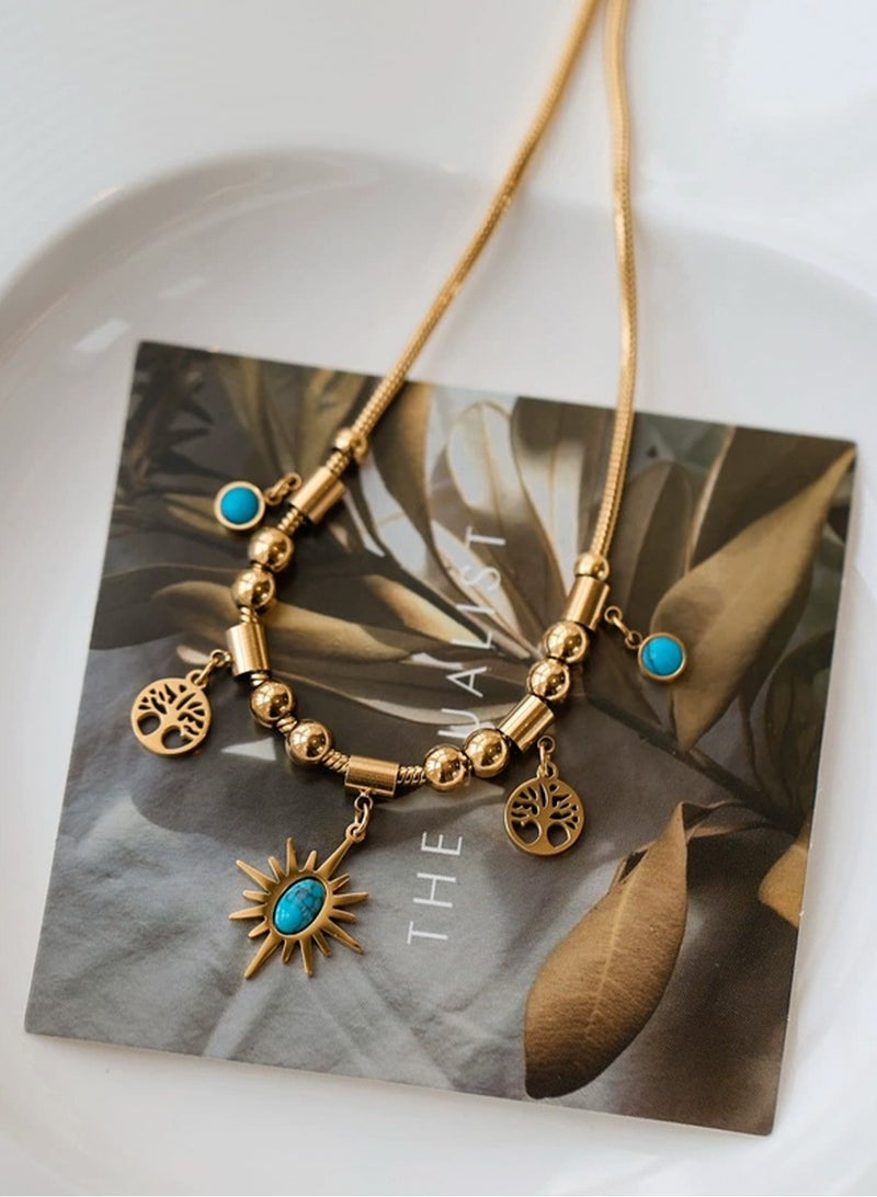 لوبيتيز مطلية بالذهب عباد الشمس الفيروز قلادة ، مجوهرات السيدات والاكسسوارات ، الرجعية أزياء فاخرة ، سبائك ، الفيروز الاصطناعي - Image 3