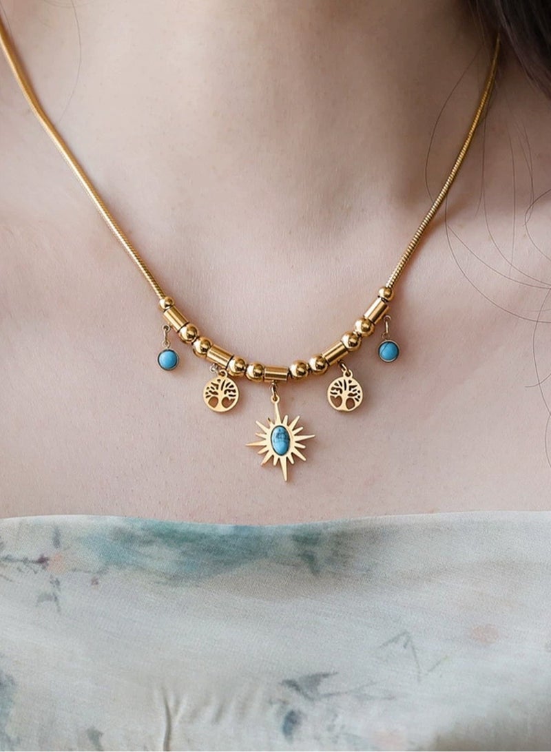 لوبيتيز مطلية بالذهب عباد الشمس الفيروز قلادة ، مجوهرات السيدات والاكسسوارات ، الرجعية أزياء فاخرة ، سبائك ، الفيروز الاصطناعي - Image 1