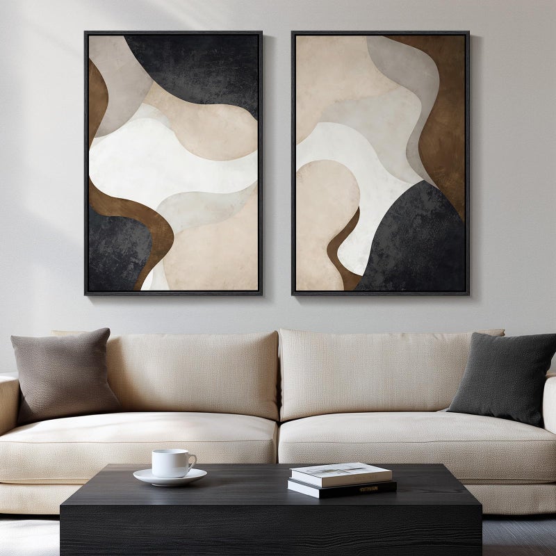 Cuspin Large Framed Neutral Abstract Minimalist Wall Art Set of 2, Modern Canvas Prints Paintings Artwork for Walls, Black Beige Brown Abstract Art Pictures for Living Room Dining Bedroom Wall Decor 24x36 In - Image 1