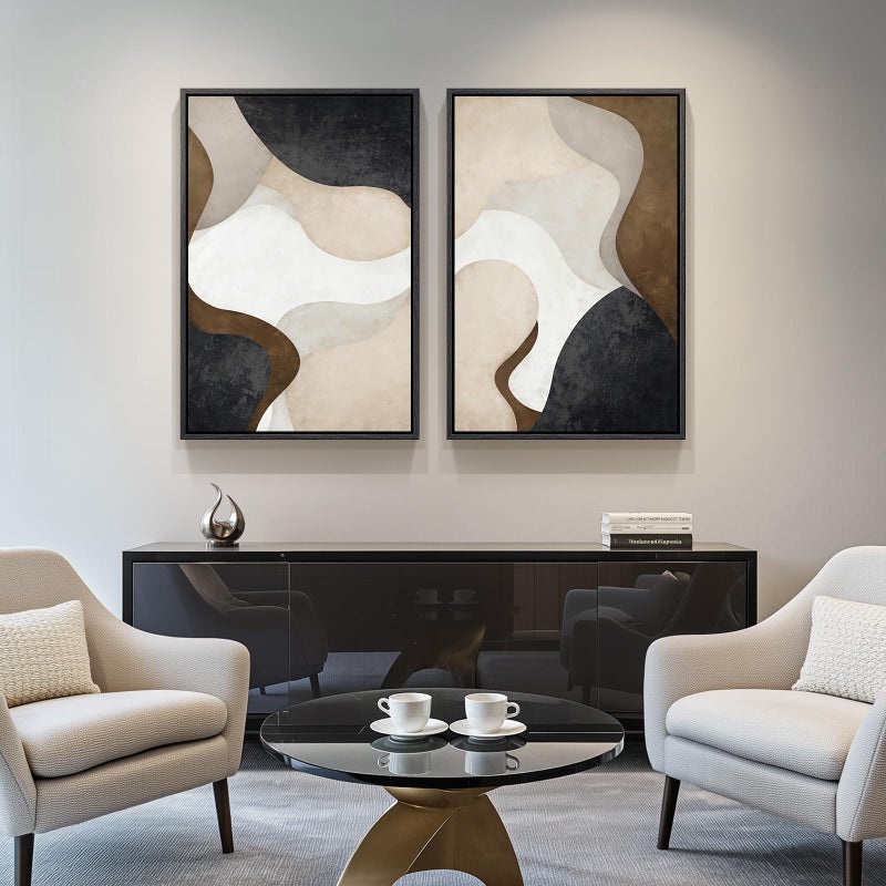 Cuspin Large Framed Neutral Abstract Minimalist Wall Art Set of 2, Modern Canvas Prints Paintings Artwork for Walls, Black Beige Brown Abstract Art Pictures for Living Room Dining Bedroom Wall Decor 24x36 In - Image 4