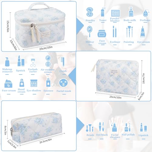 Gosect Makeup Bag Set, Quilted Makeup Bag, Large Floral Cosmetic Bag for Women, Cute Cotton Makeup Bags, Flower Travel Toiletry Organizer Bag (Blue Rose) - Image 2