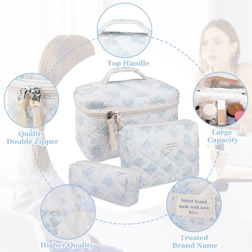 Gosect Makeup Bag Set, Quilted Makeup Bag, Large Floral Cosmetic Bag for Women, Cute Cotton Makeup Bags, Flower Travel Toiletry Organizer Bag (Blue Rose) - Image 3