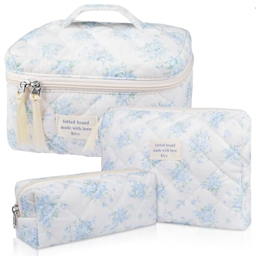 Gosect Makeup Bag Set, Quilted Makeup Bag, Large Floral Cosmetic Bag for Women, Cute Cotton Makeup Bags, Flower Travel Toiletry Organizer Bag (Blue Rose) - Image 1