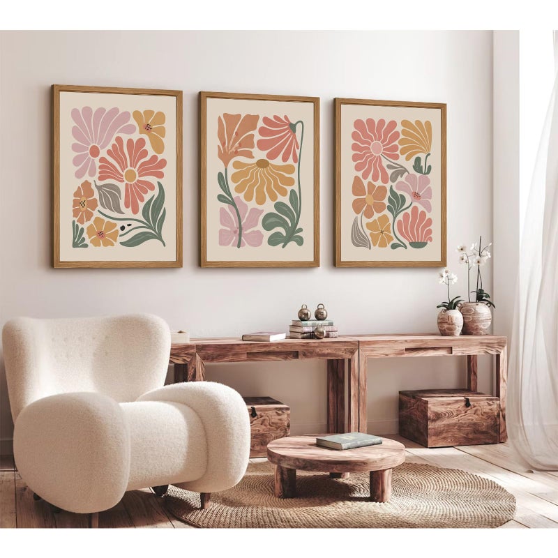 Tanmart Boho Flower Wall Art Decor Abstract Floral Canvas Prints Botanical Plant Wall Art Pictures Minimalist Flower Market Painting Poster for Living Foom Bedroom 12x16 Inch Wood Framed Set of 3 - Image 5