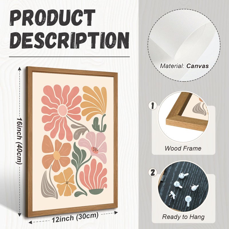Tanmart Boho Flower Wall Art Decor Abstract Floral Canvas Prints Botanical Plant Wall Art Pictures Minimalist Flower Market Painting Poster for Living Foom Bedroom 12x16 Inch Wood Framed Set of 3 - Image 2