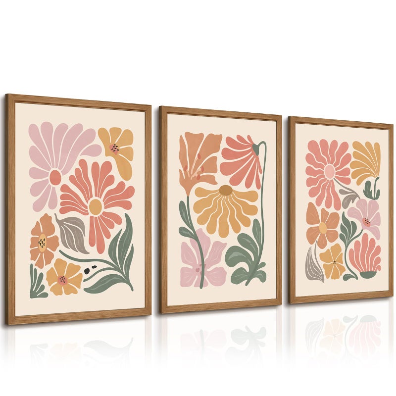 Tanmart Boho Flower Wall Art Decor Abstract Floral Canvas Prints Botanical Plant Wall Art Pictures Minimalist Flower Market Painting Poster for Living Foom Bedroom 12x16 Inch Wood Framed Set of 3 - Image 1