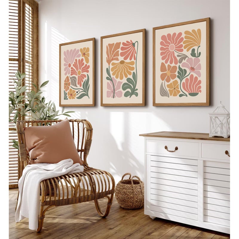 Tanmart Boho Flower Wall Art Decor Abstract Floral Canvas Prints Botanical Plant Wall Art Pictures Minimalist Flower Market Painting Poster for Living Foom Bedroom 12x16 Inch Wood Framed Set of 3 - Image 3